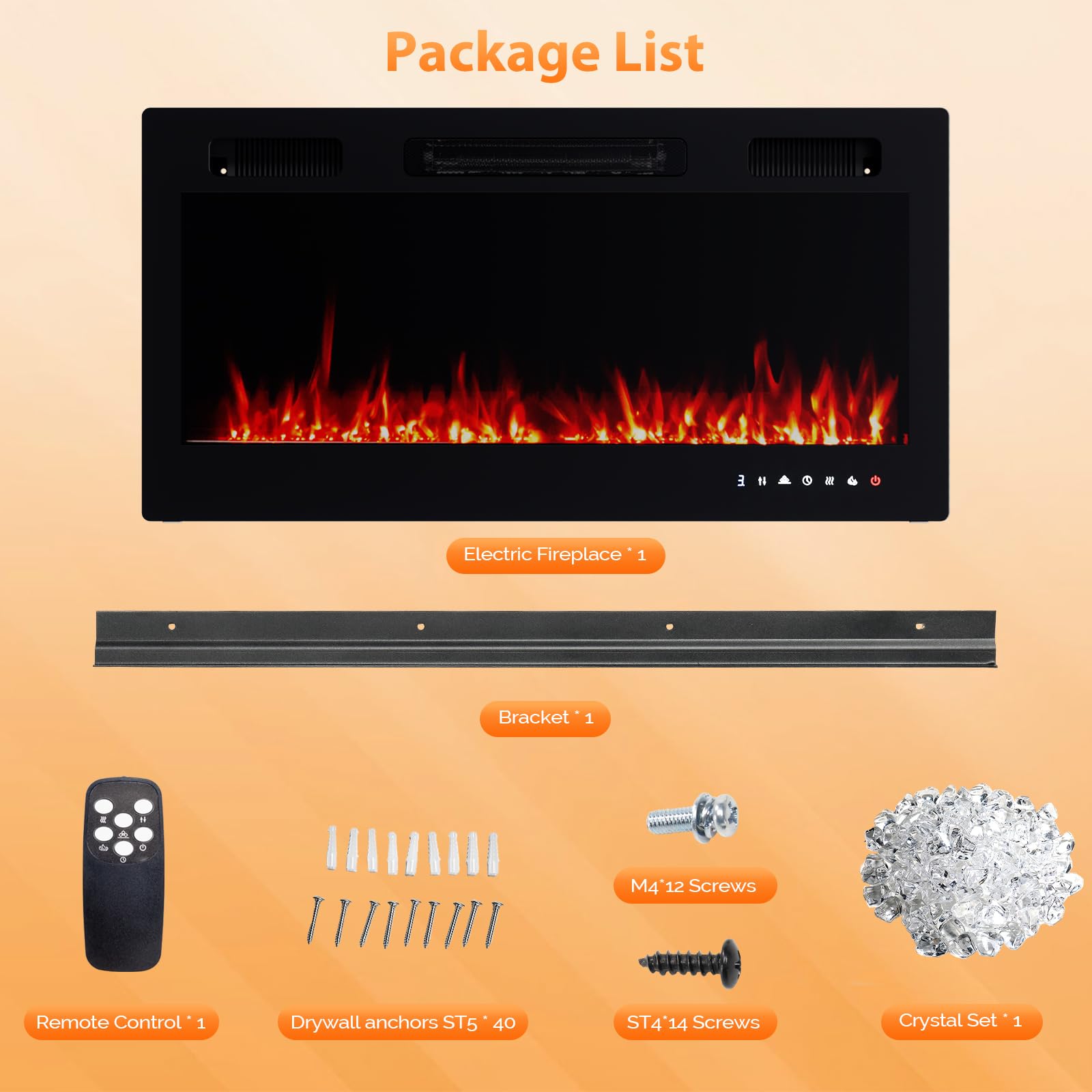 36 Inch Electric Fireplace with Remote Control