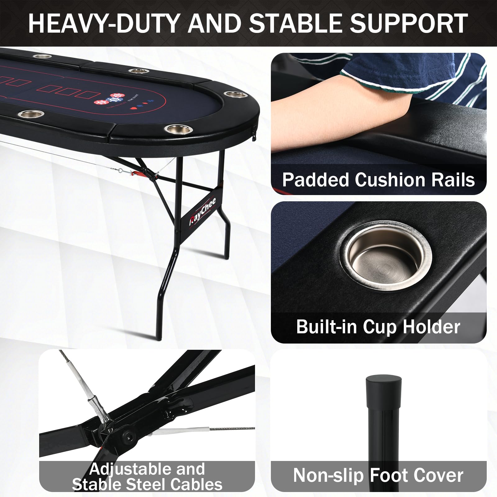 Foldable 8-Player Poker Table with Padded Rails