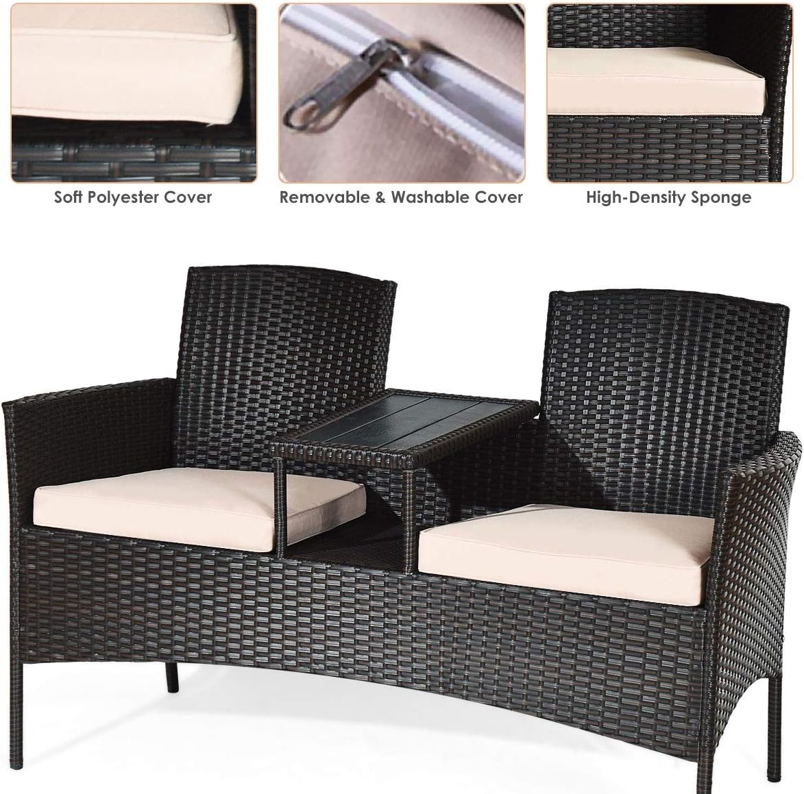 Outdoor Rattan Loveseat Conversation Set with Cushions & Coffee Table
