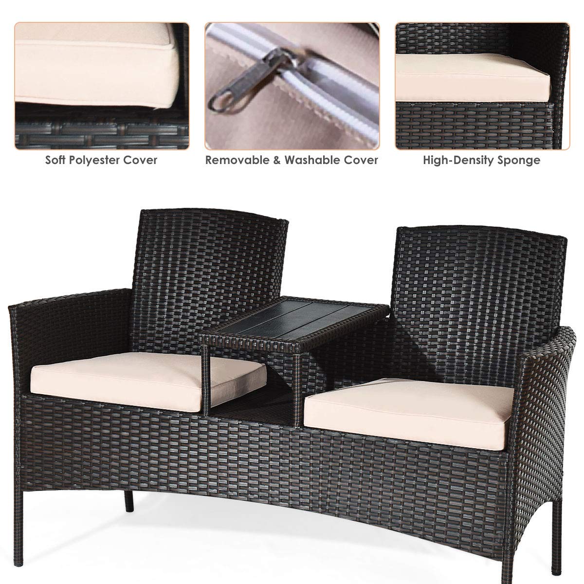 Outdoor Rattan Loveseat Conversation Set with Cushions & Coffee Table