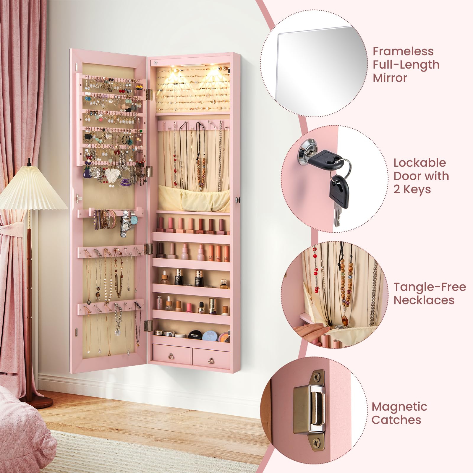Wall-Mounted Jewelry Armoire with Full-Length Mirror and LED Lights
