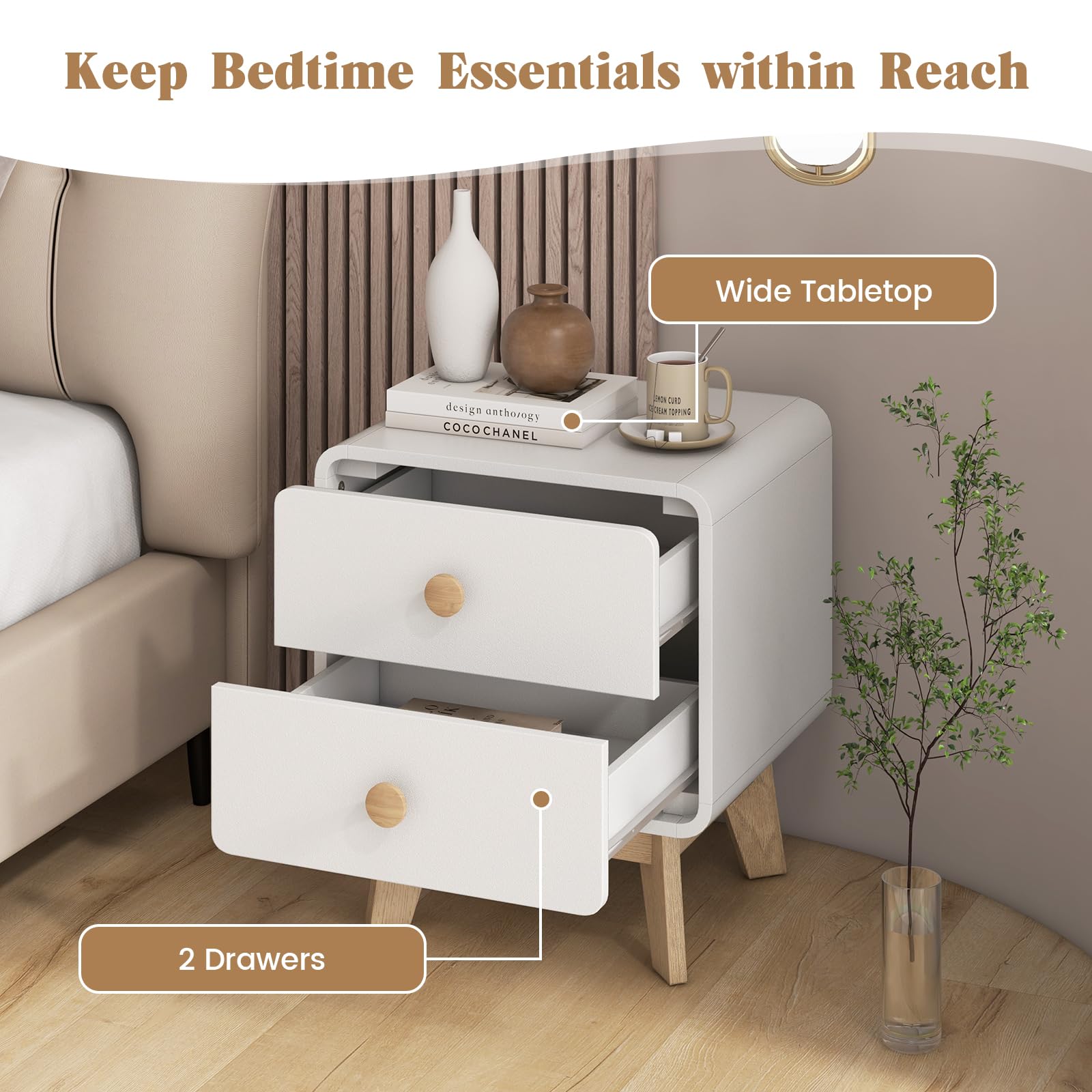 Mid-Century Modern 2-Drawer Nightstand White