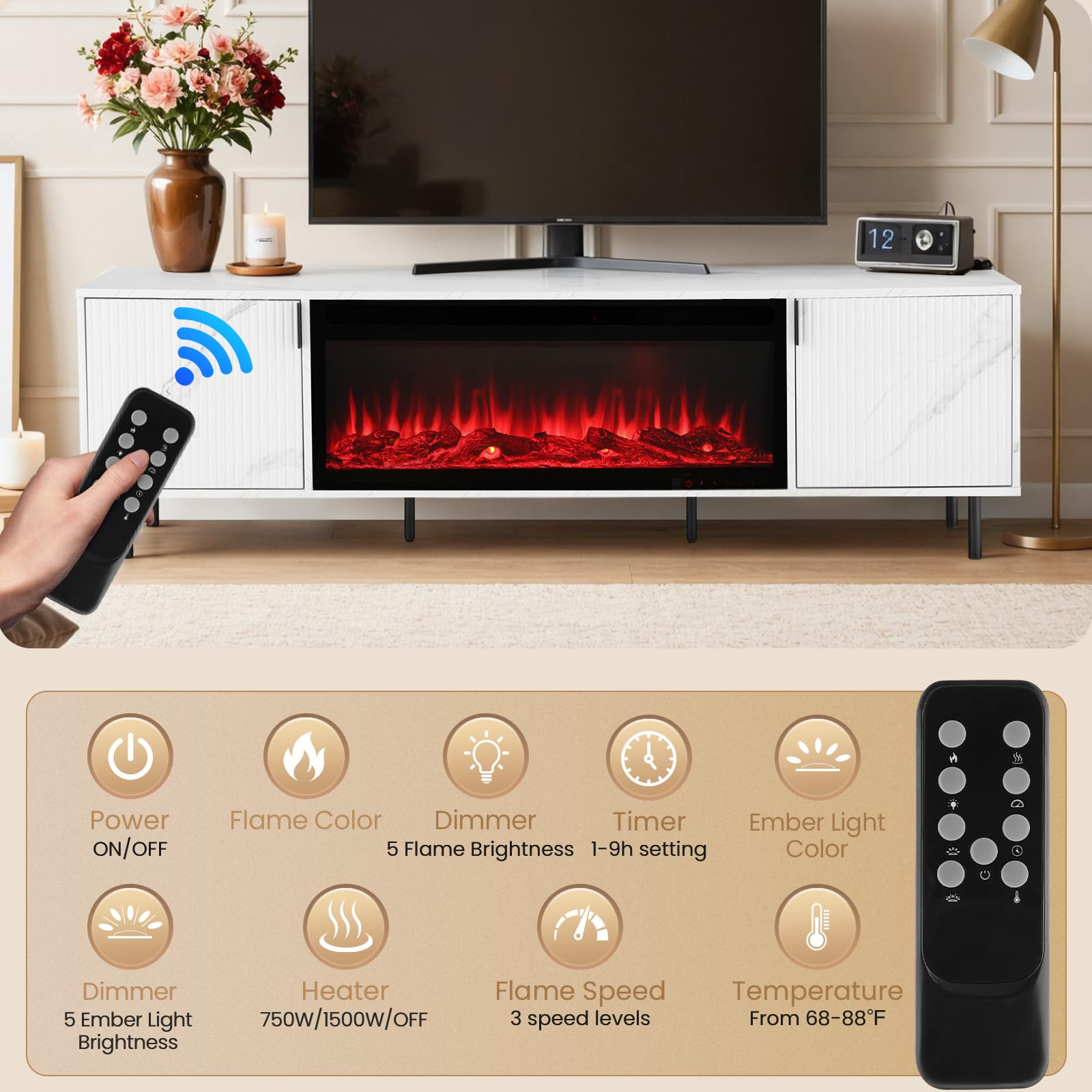 70" Fluted Fireplace TV Stand with Electric Fireplace