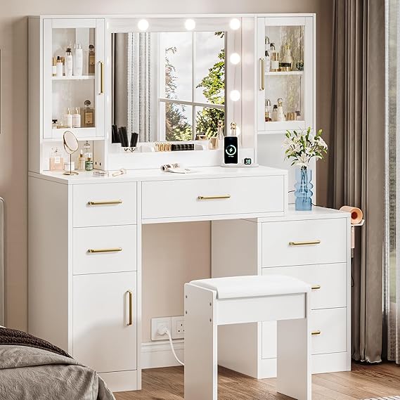 Large Black Vanity Desk with Mirror and Charging Station