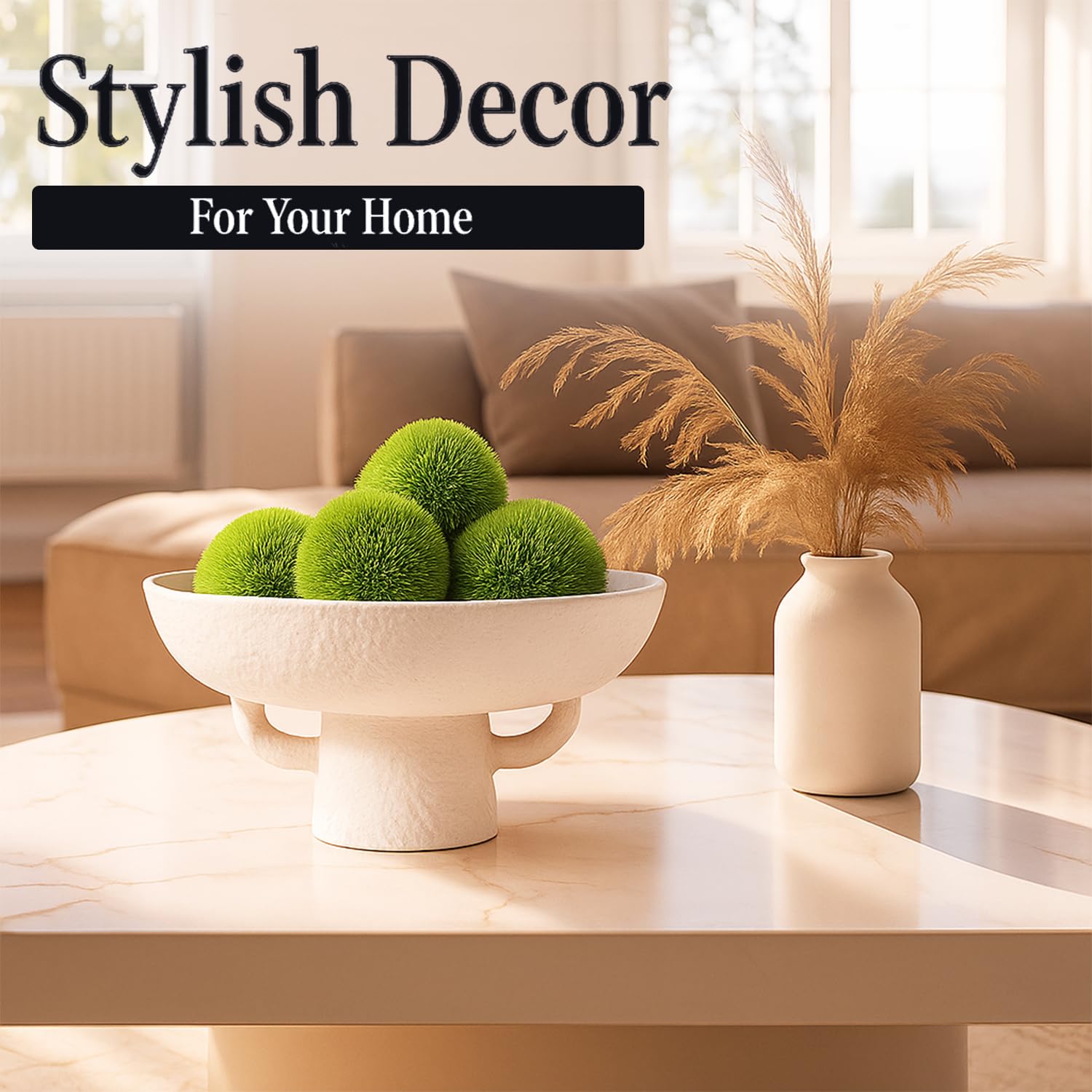 White Textured Ceramic Pedestal Bowl with Succulent Moss Balls