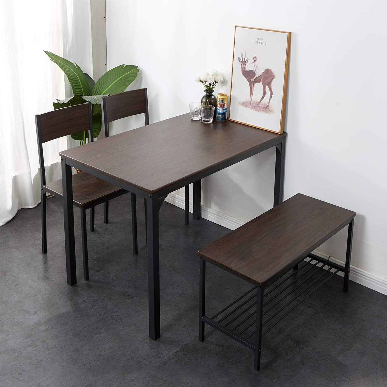 Dining Table Set with Bench and Chairs for 3-4 Persons