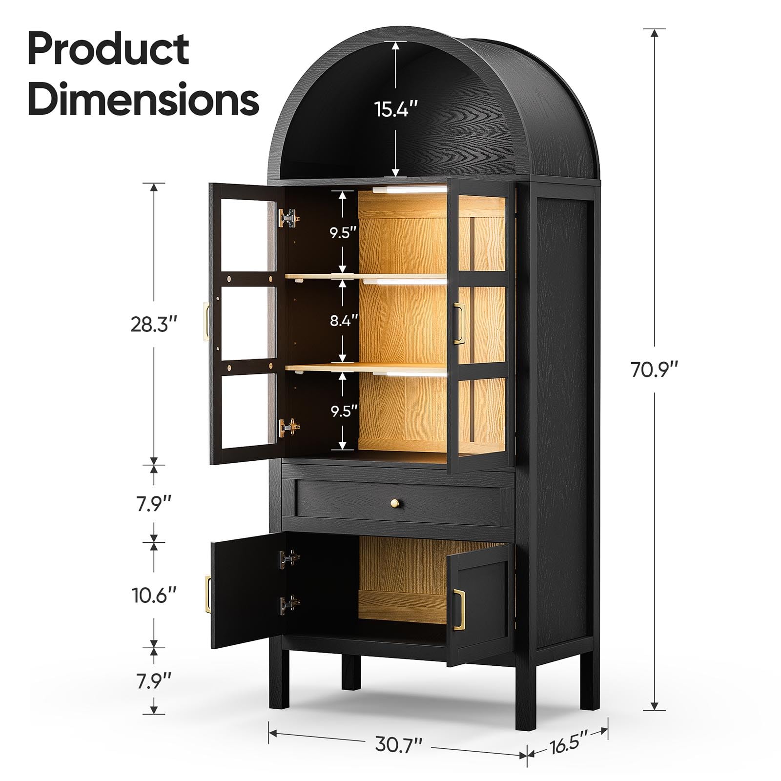 Arched Glass Display China Cabinet with LED Lighting