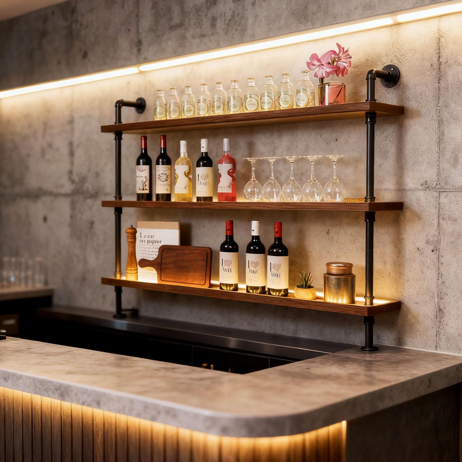 39" Wall Mounted Wine Rack with LED Lights - 3 Tier Industrial Pipe Floating Shelves
