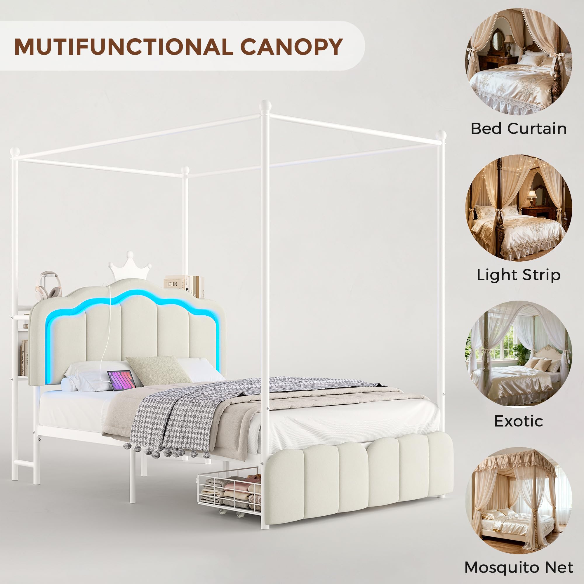 Full Velvet Upholstered LED Canopy Bed Frame with 2 Storage Drawers and Charging Station, Crown Headboard with Bookshelf, Two-Use Princess Platform Bed with 4 Removable Posts,Metal Slats Support-Beige