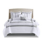 510 DESIGN Powell Cozy Comforter Set, Hotel Style Border Design with Geometric Embroidery Details, All Season Bedding with Matching Sham, Decorative Pillow, Bedskirt, Queen(90"x90"), White 8 Piece