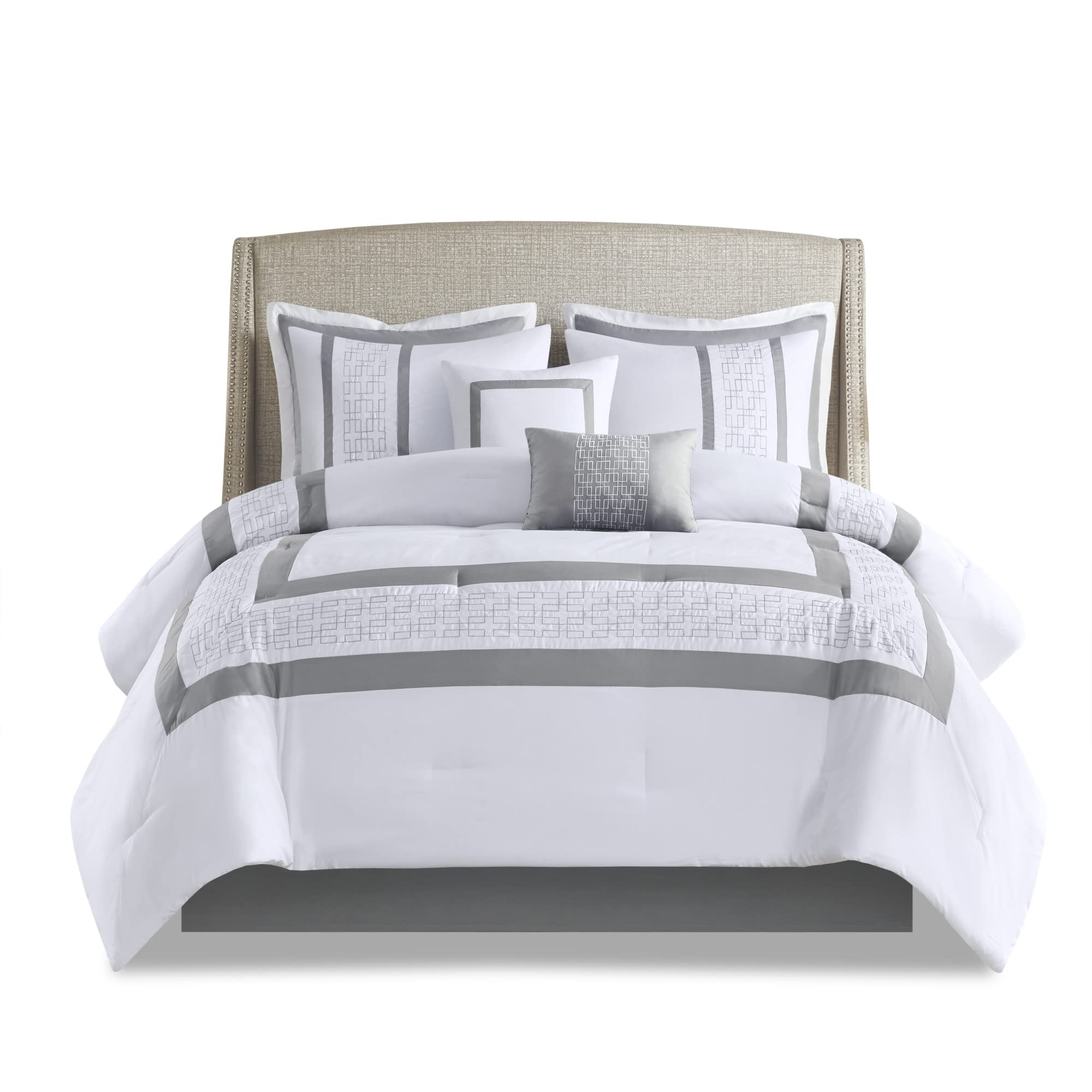 510 DESIGN Powell Cozy Comforter Set, Hotel Style Border Design with Geometric Embroidery Details, All Season Bedding with Matching Sham, Decorative Pillow, Bedskirt, Queen(90"x90"), White 8 Piece