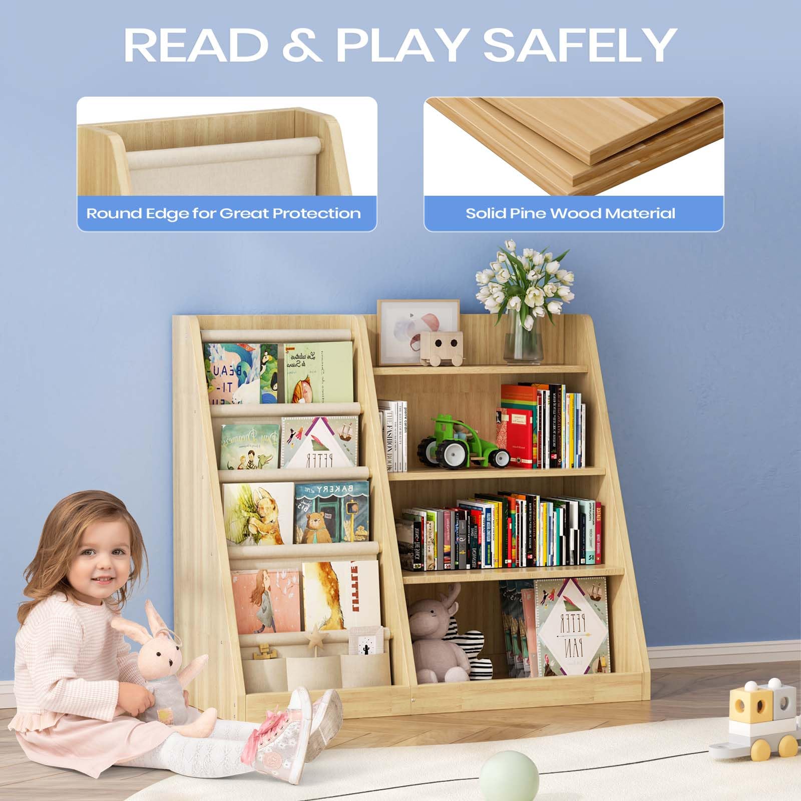 Kids Bookshelf and Toy Storage Organizer 4 Tier Wooden
