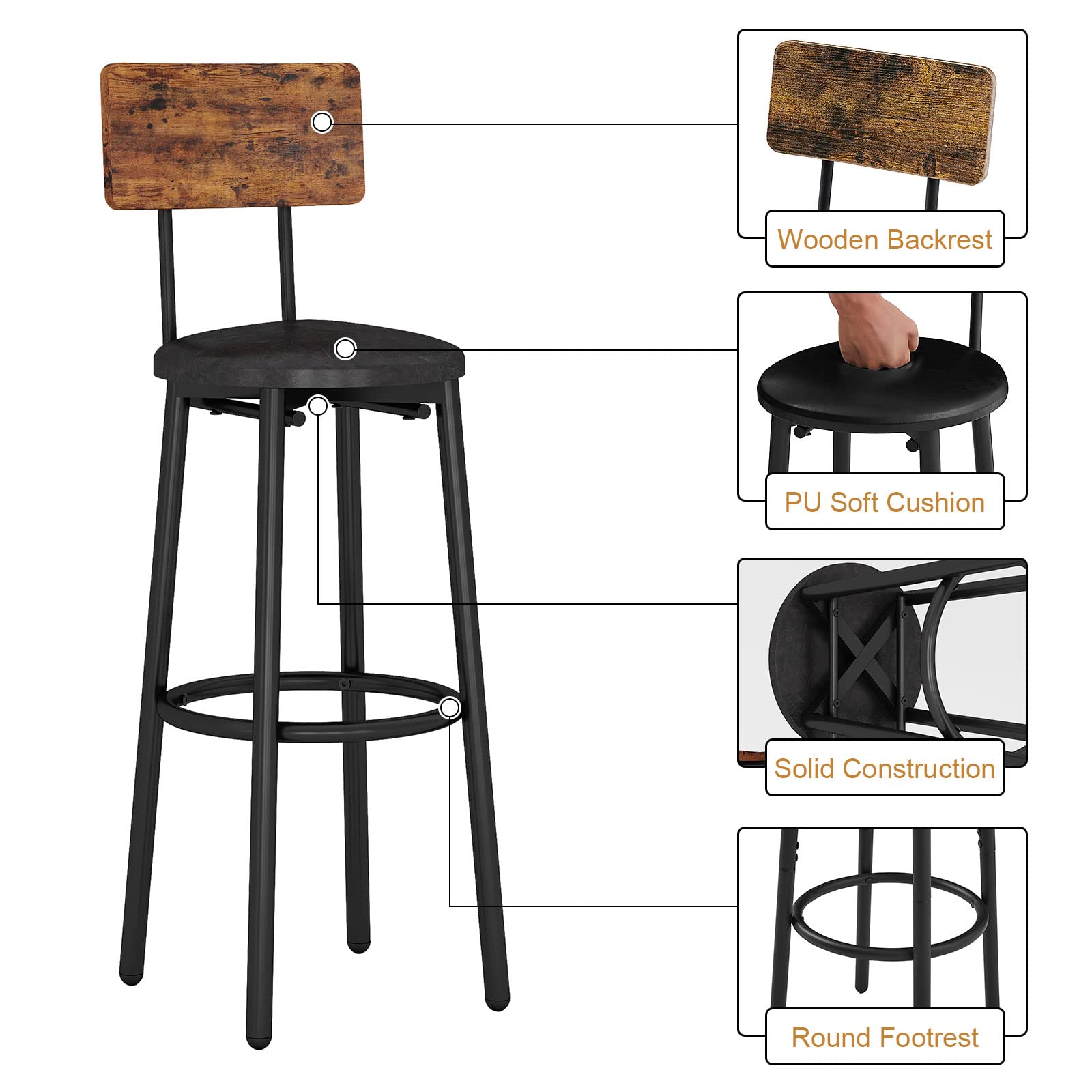 3-Piece Round Bar Table Set with Upholstered Stools