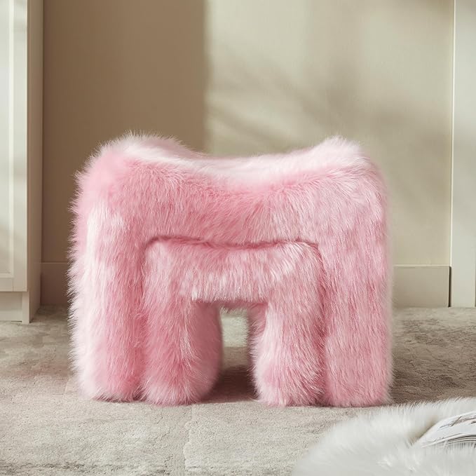 Small Footstool Ottoman Vanity Stool Set White Teddy Velvet 2-in-1