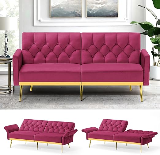 Velvet Futon Sofa Bed with Adjustable Armrests