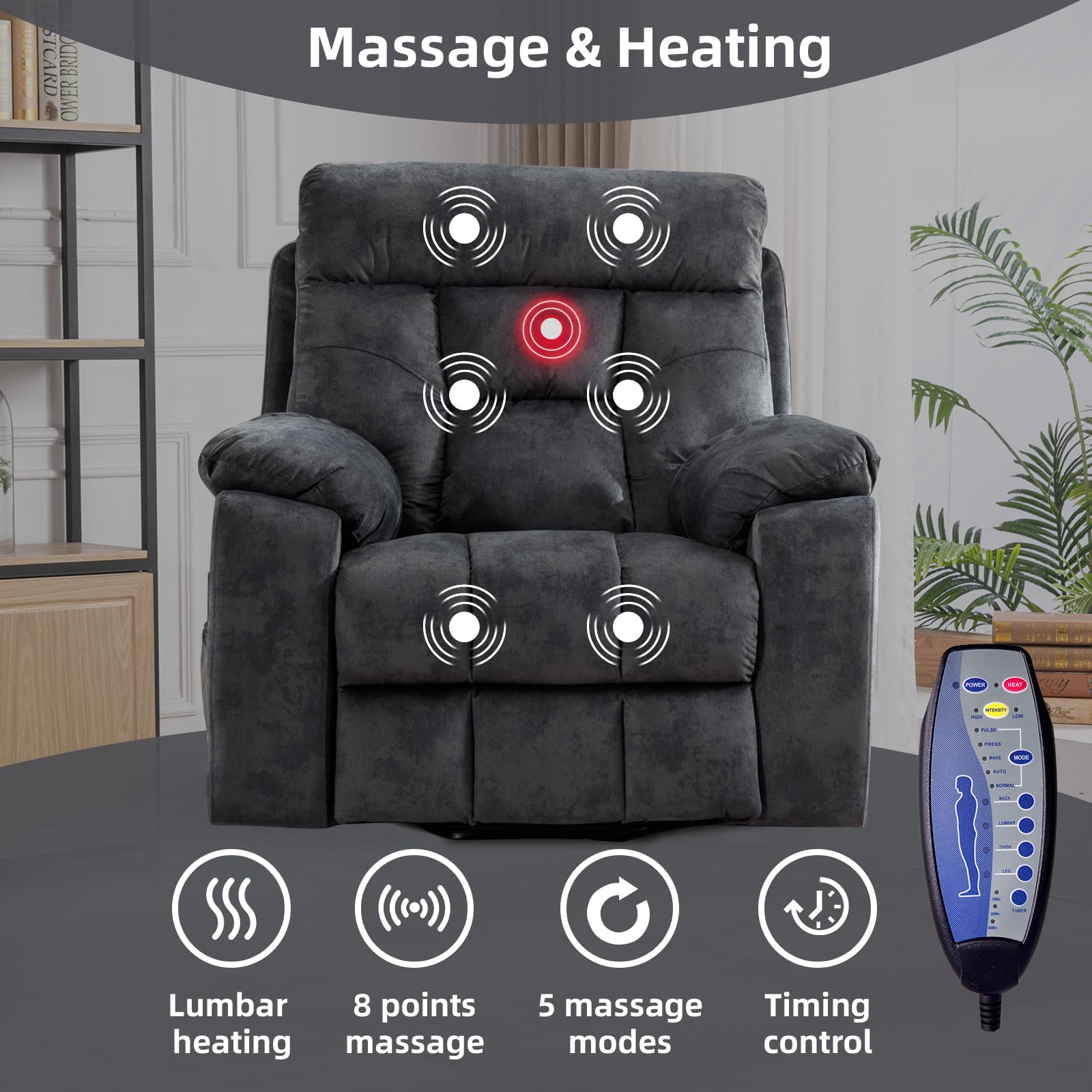 Large Power Lift Recliner with Massage and Heat - Grey