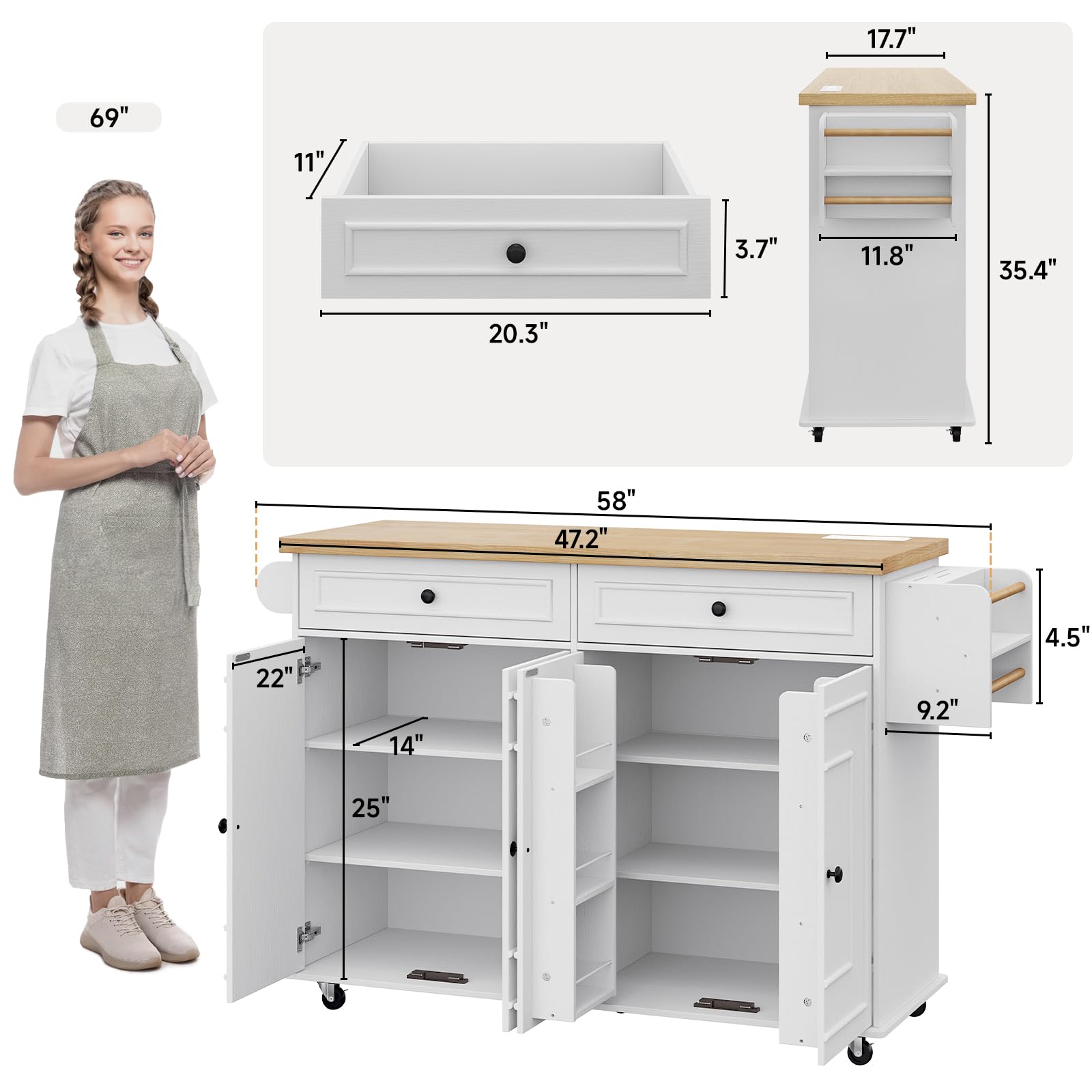 58" Mobile Kitchen Island Cart with Power Outlet