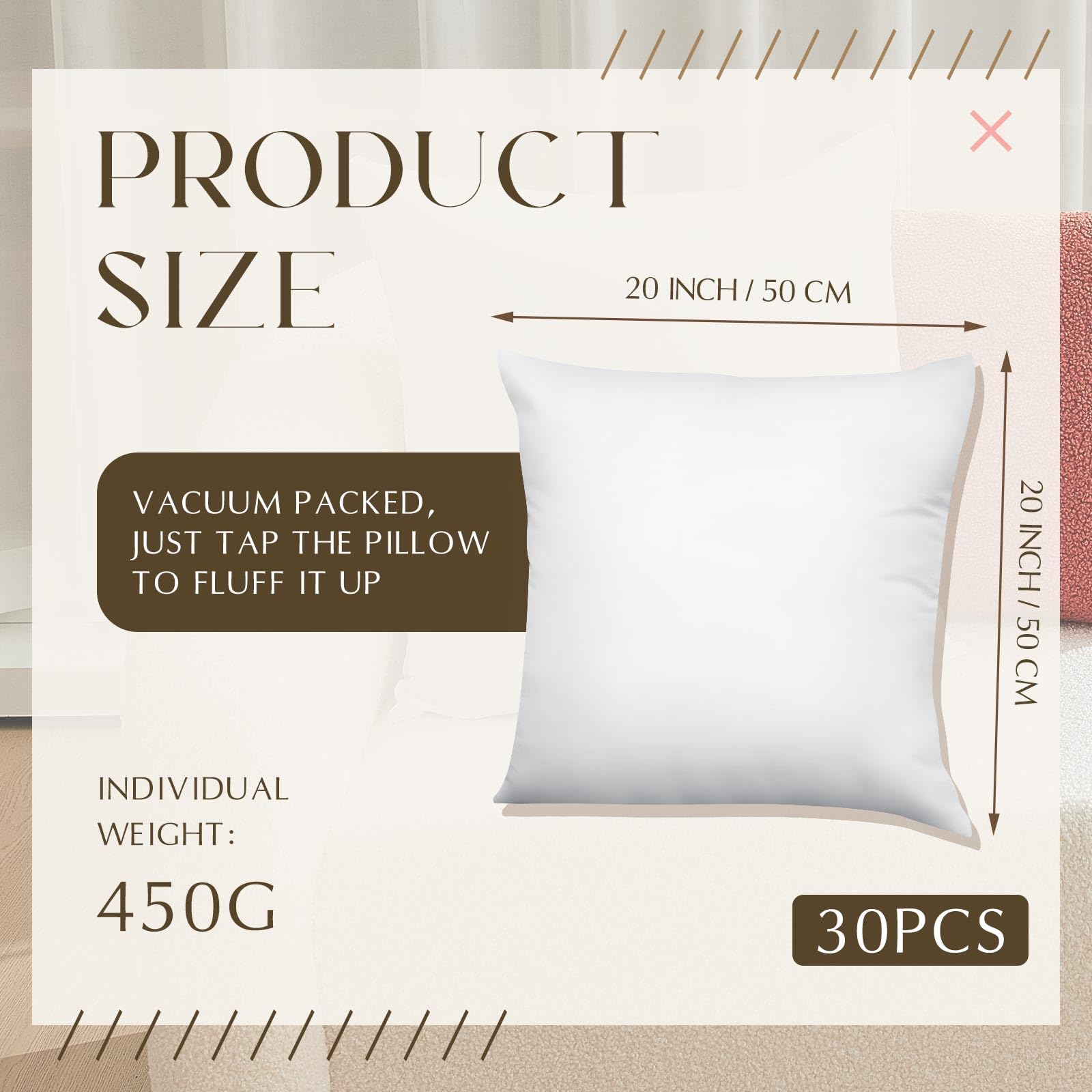 20x20 Throw Pillow Inserts - 30 Pack White Square Cushion Stuffers