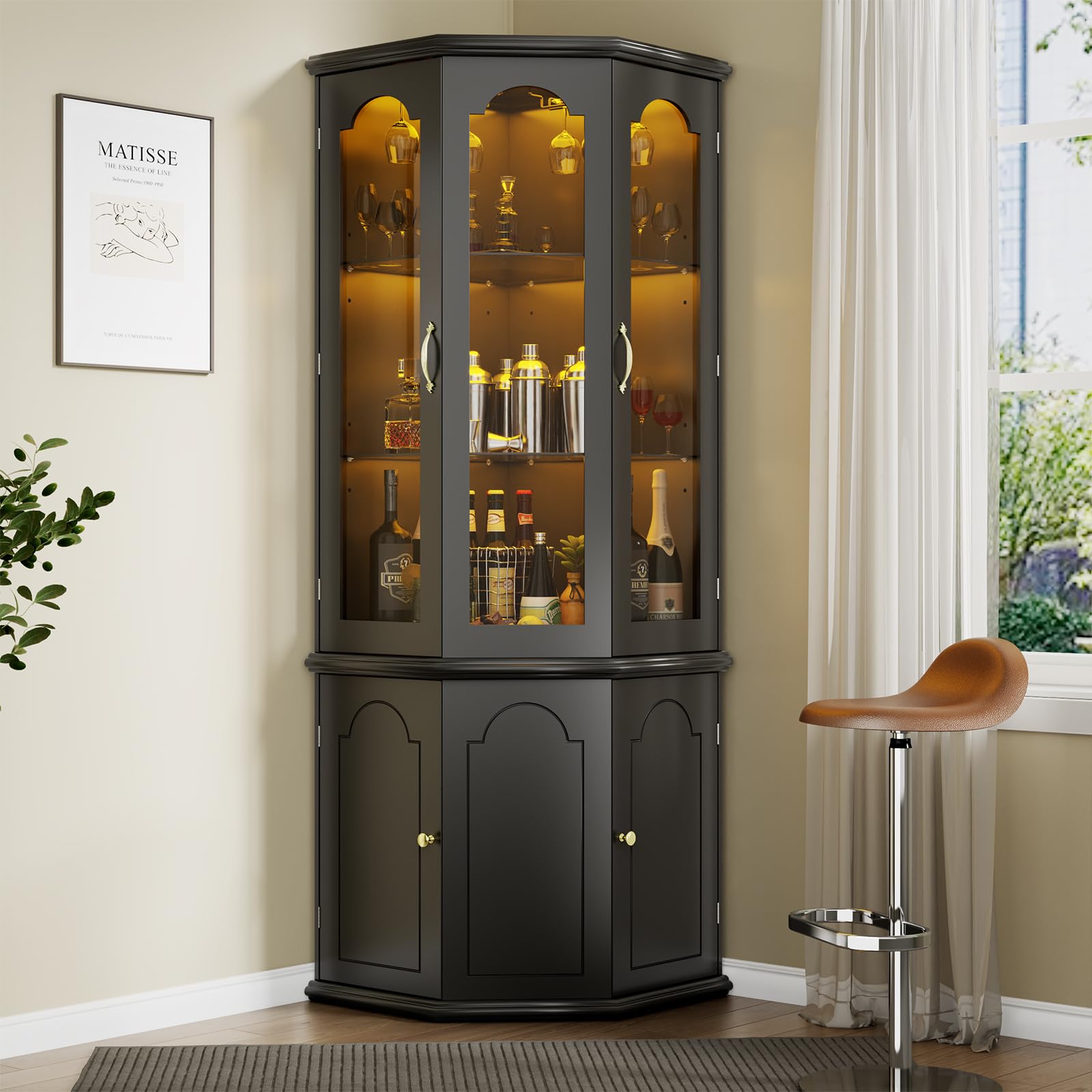Corner Bar Cabinet with LED Lights and Tempered Glass Door