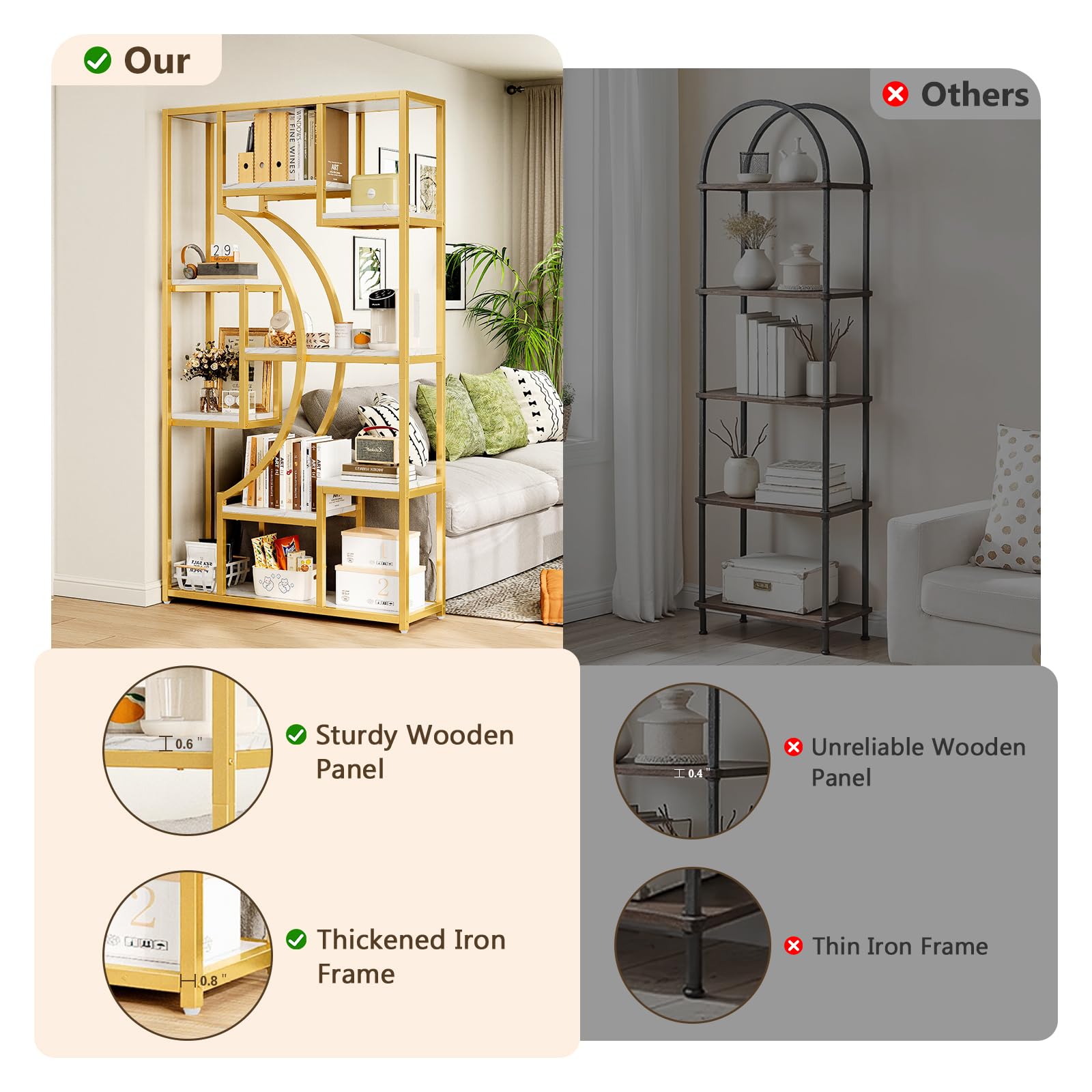 White and Gold Bookshelf Set of 2 - 5 Tier Geometric Bookcase with Metal Frame