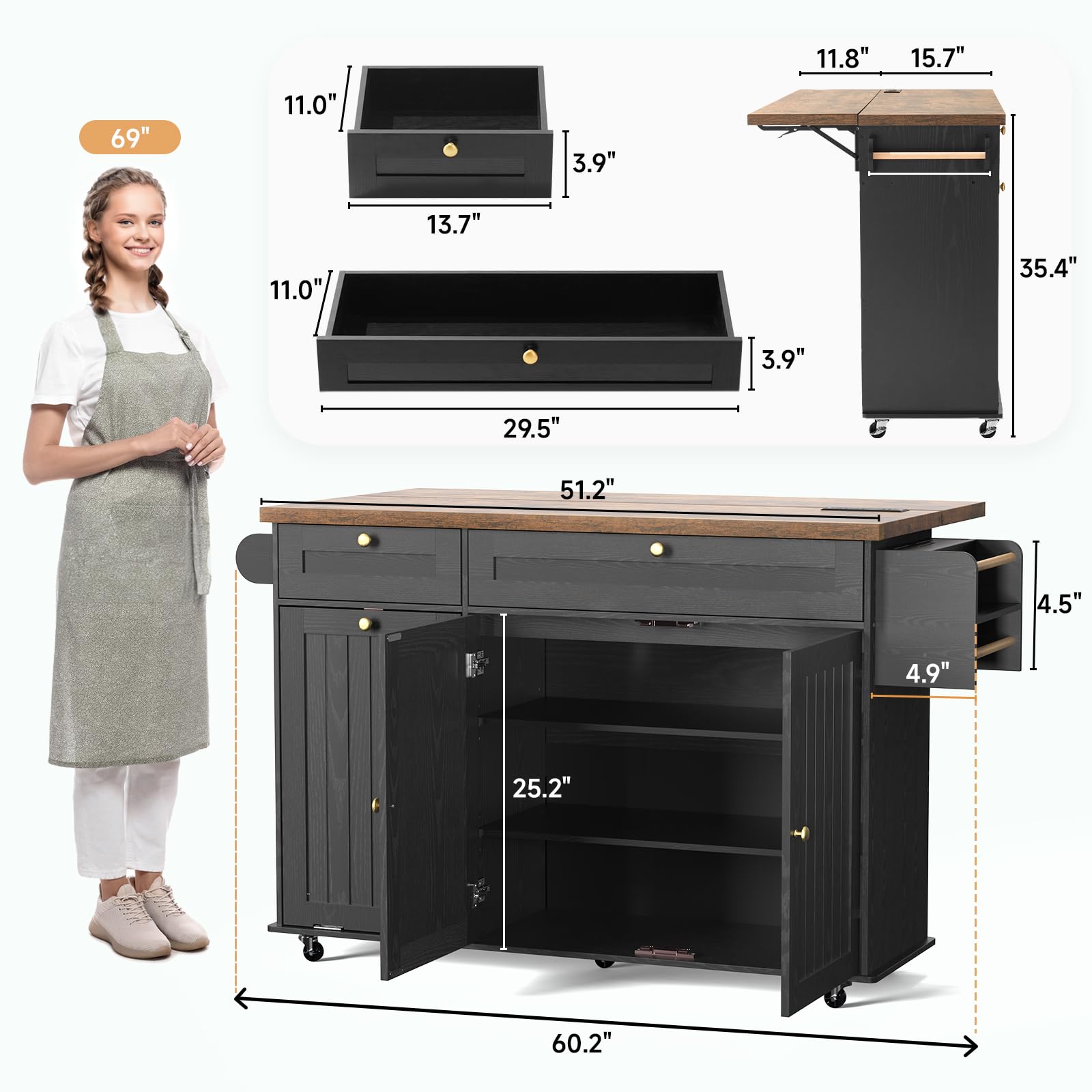 60" Kitchen Island with Power Outlet and Drop Leaf