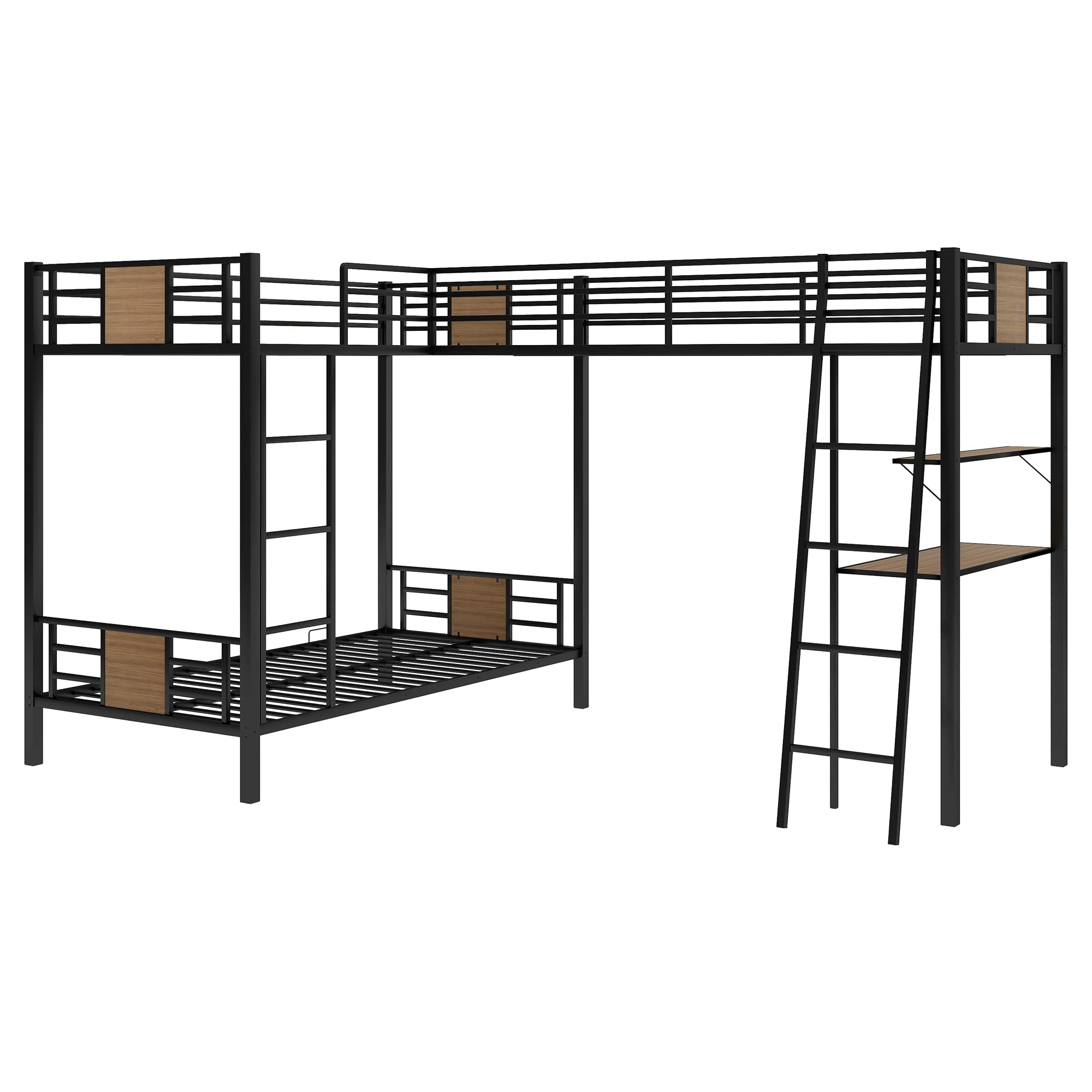 L-Shaped Twin Over Twin Bunk Bed with Loft Desk and Shelf