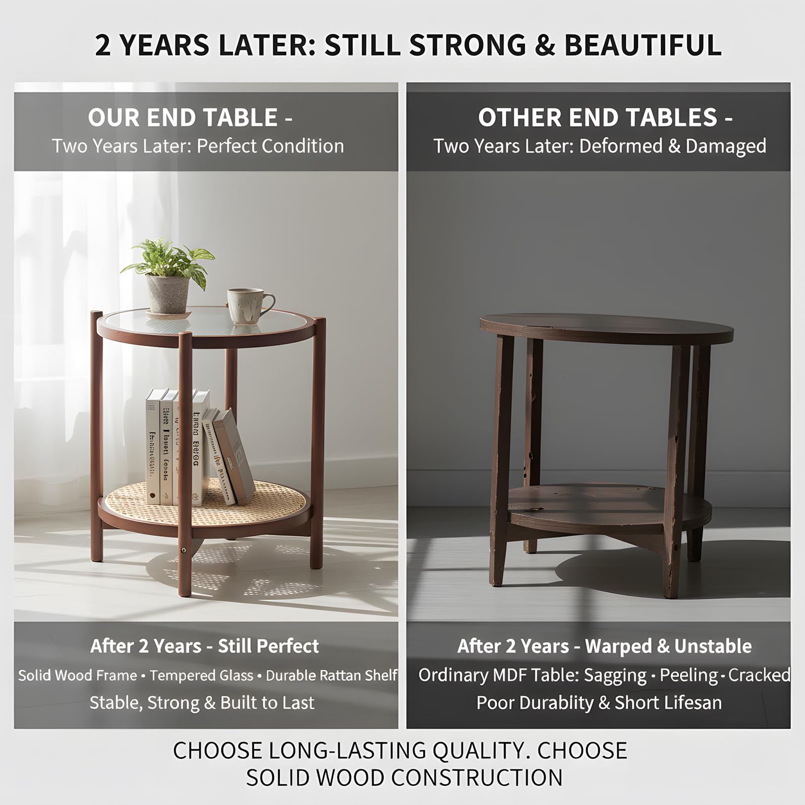 Rattan Coffee Table Round End Table 2-Tier Bamboo Glass Top
