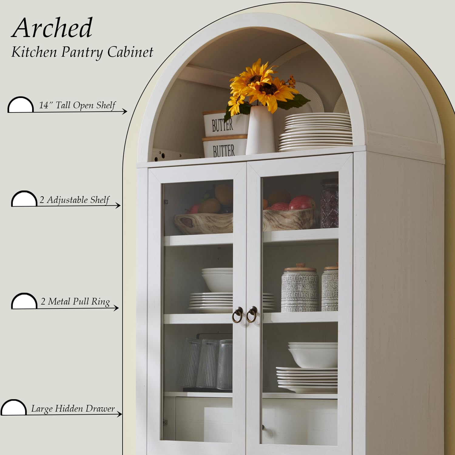Arched Kitchen Pantry Cabinet with Glass Doors