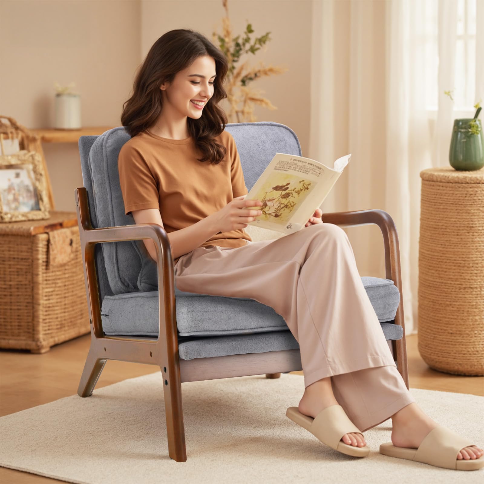 DUMOS Mid Century Accent Chair, Modern Living Room Chair with Arms and Waist Cushion, Reading Chairs for Adults, Lounge Chair for Bedroom, Solid Wooden Frame,Classic Grey