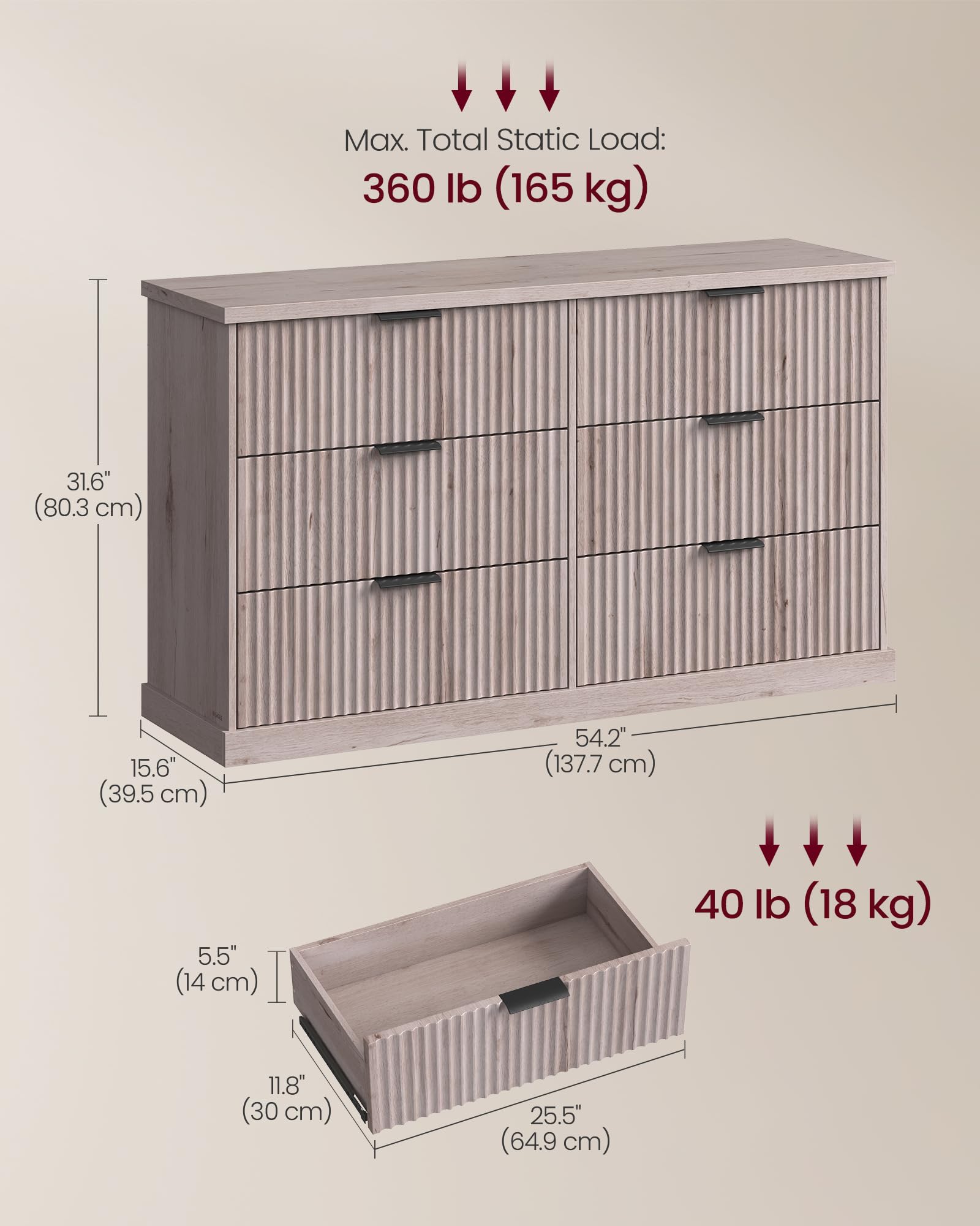 6-Drawer Wide Dresser with Fluted Panels