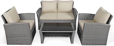 4-Piece Patio Rattan Furniture Set with Glass Coffee Table