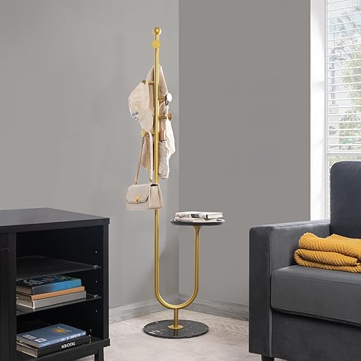 Freestanding Coat Rack with Table and 6 Hooks