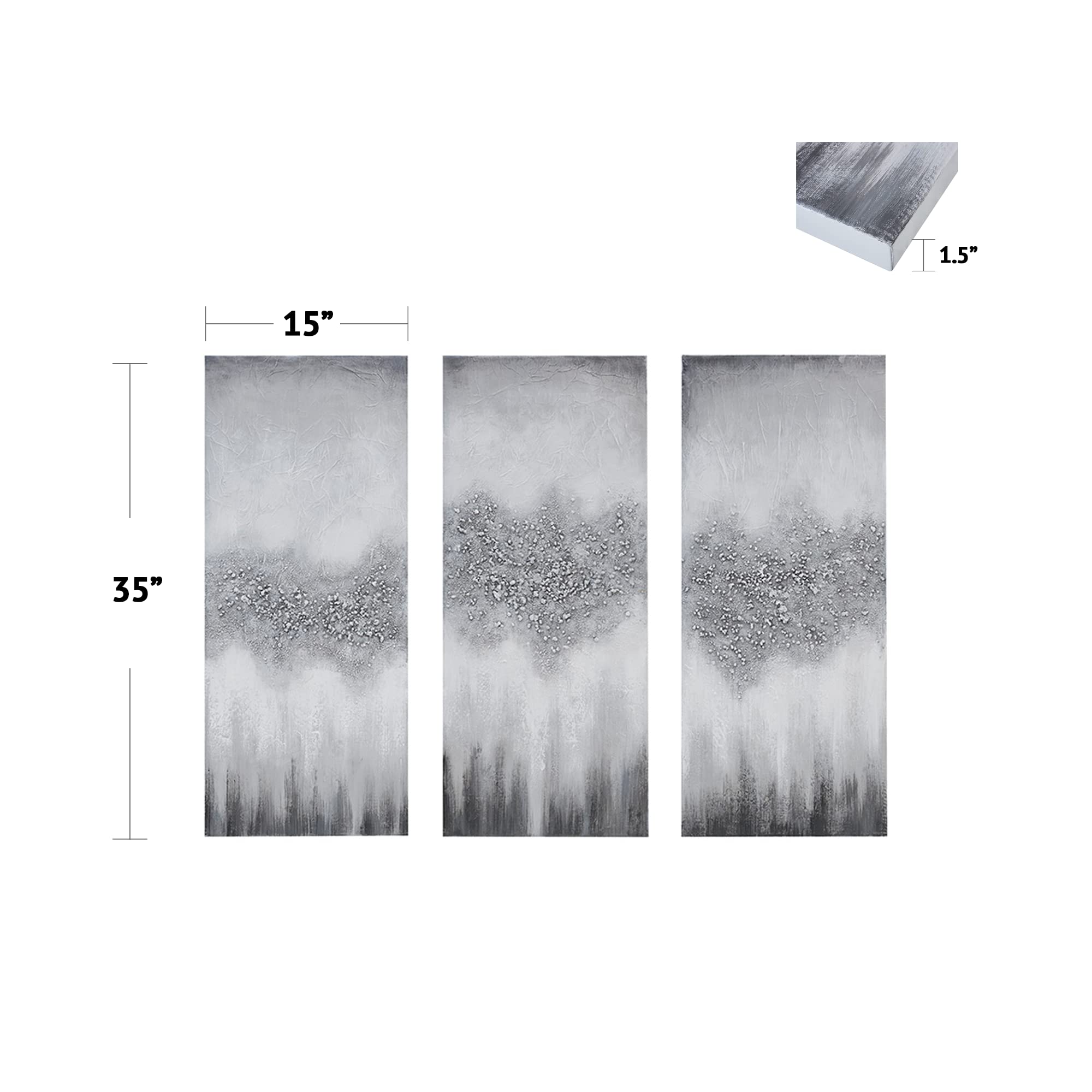 Hand Painted Canvas Wall Art - Abstract Grey Glitter 3 Piece Set