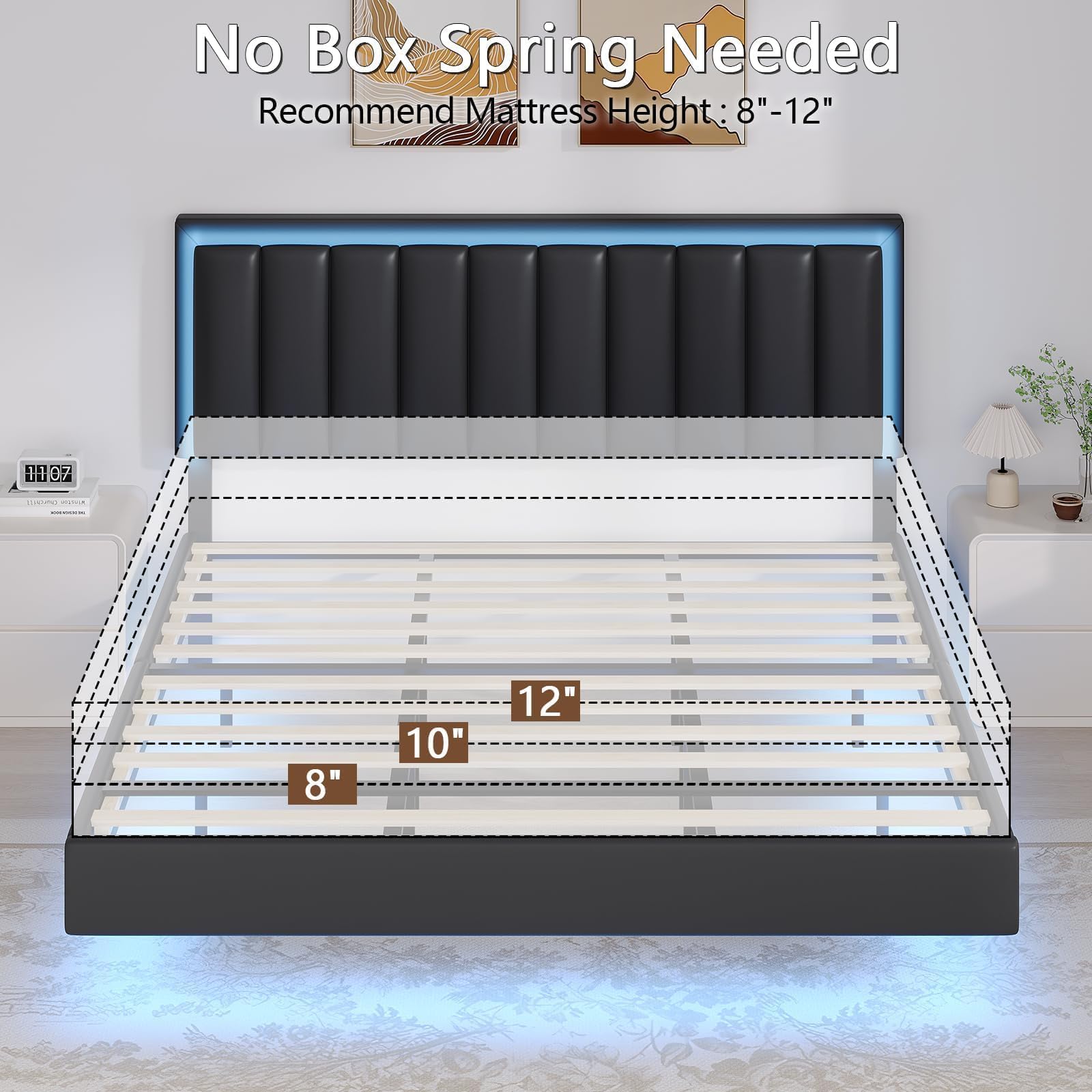 King Floating Bed Frame with LED Lights