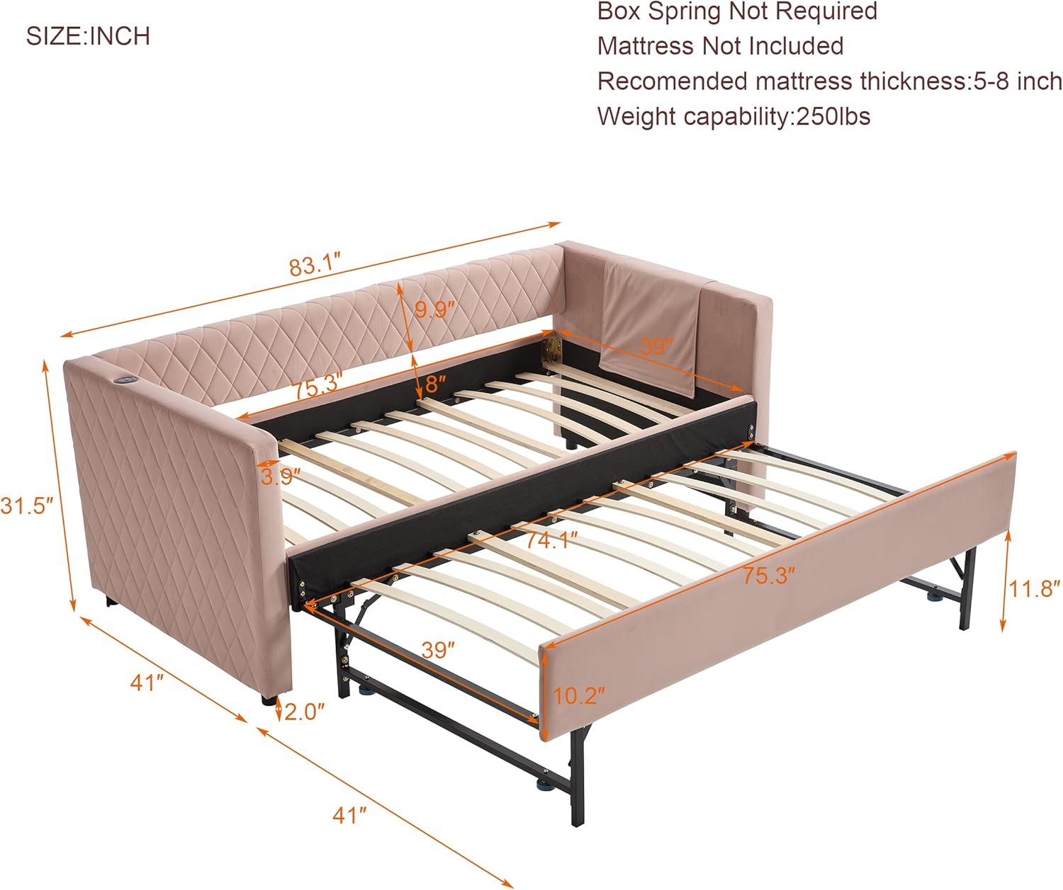 Twin Size Upholstered Daybed with Trundle and Charging Station