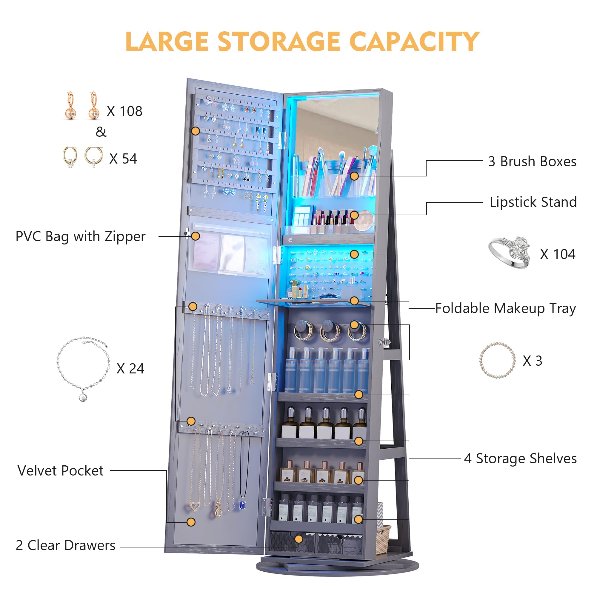 360° Rotating Full Length Mirror Jewelry Armoire with Storage