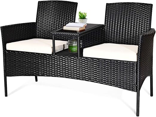 Outdoor Rattan Loveseat Conversation Set with Cushions & Coffee Table