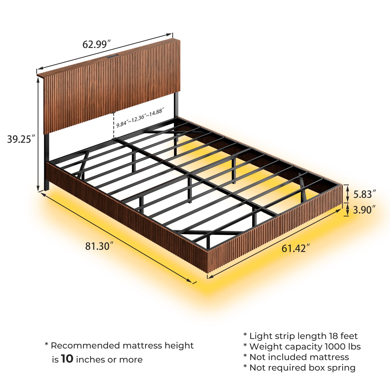 Walnut Queen Floating Bed Frame with LED Lights