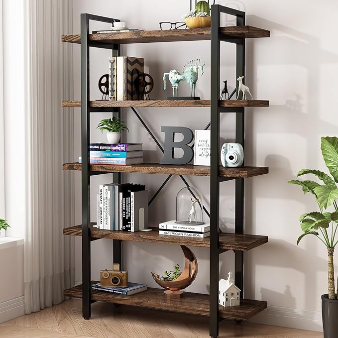 6-Tier Solid Wood Bookcase with Metal Frame