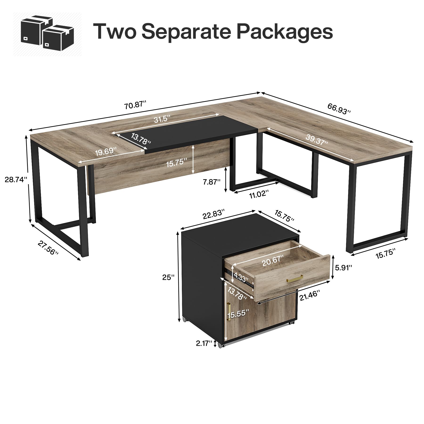70.8" L-Shaped Executive Desk with Drawer Cabinet