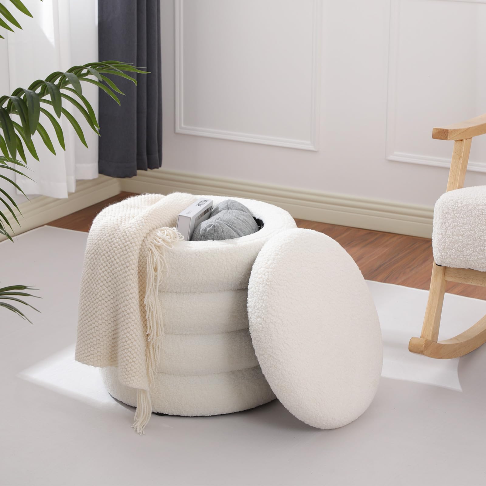 Teddy Sherpa Round Ottoman with Storage