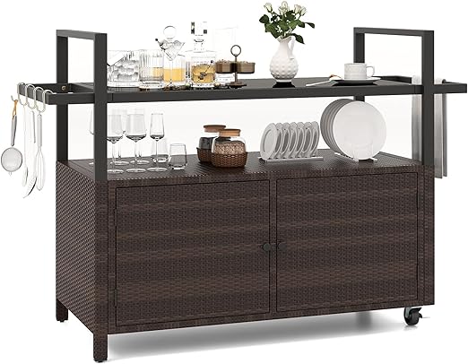 Outdoor Rolling Bar Cart with Tempered Glass Top
