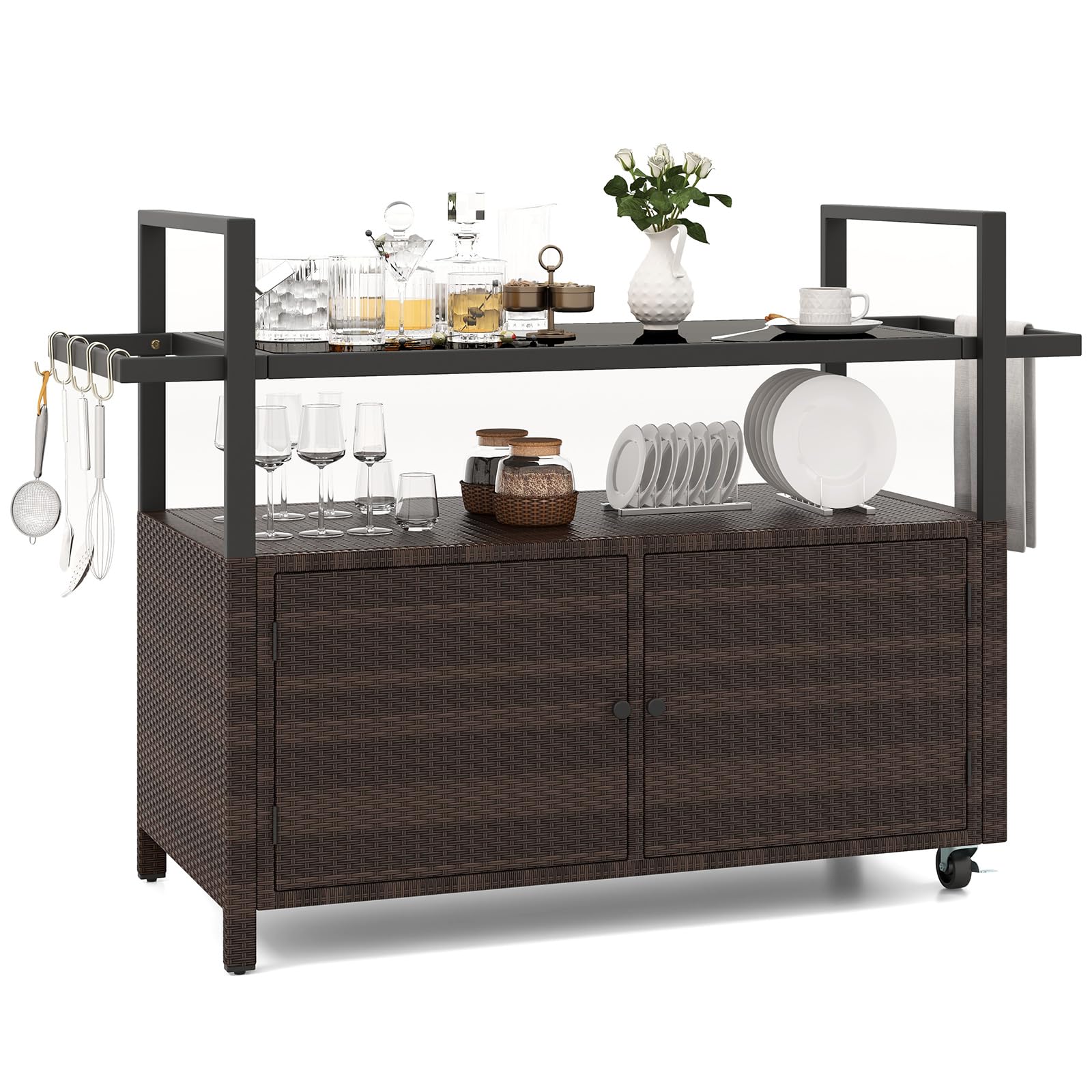 Outdoor Rolling Bar Cart with Tempered Glass Top