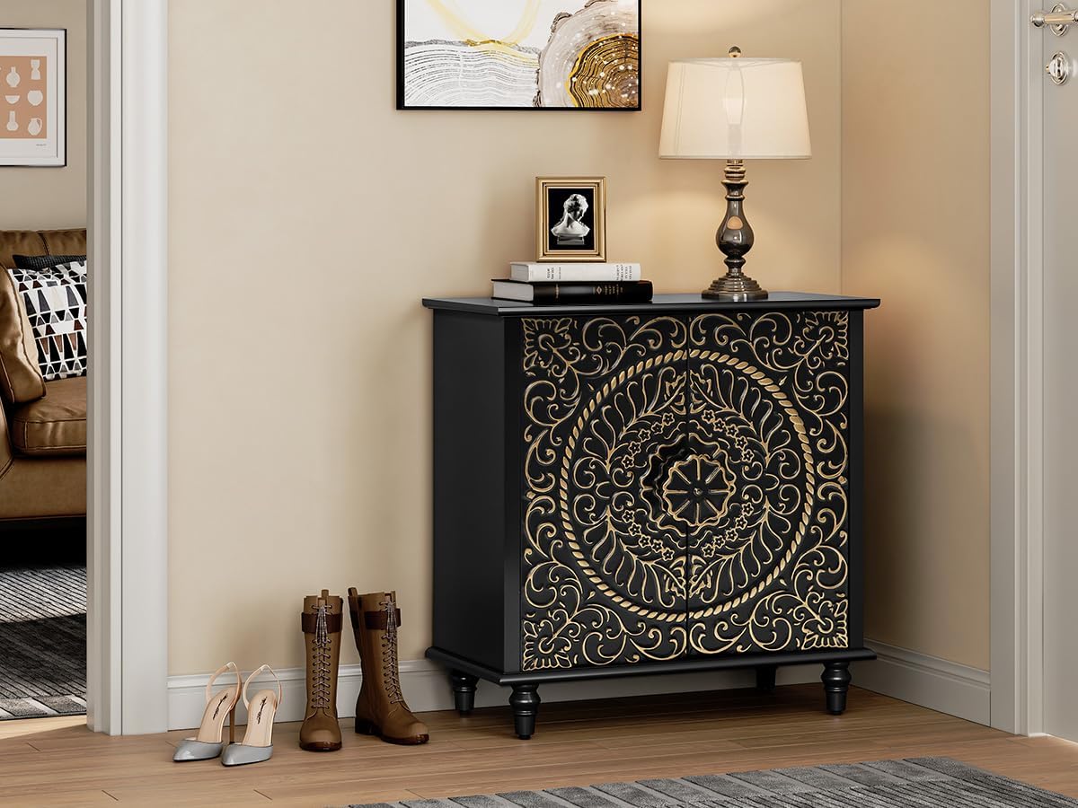 Decorative Accent Storage Cabinet with Carved Flower Pattern