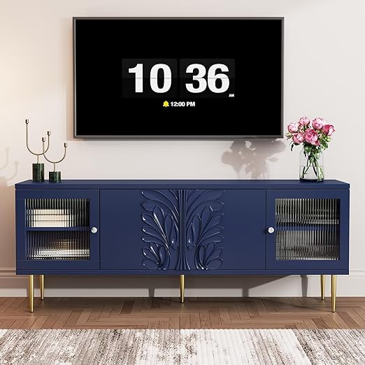 TV Stand with 3D Floral Pattern and Glass Doors