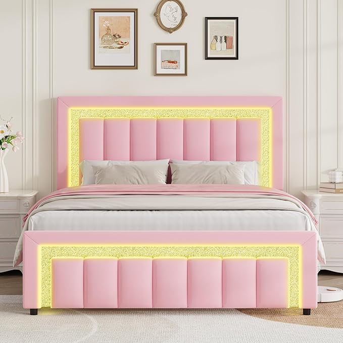 Queen LED Bed Frame with Diamond Tufted Headboard