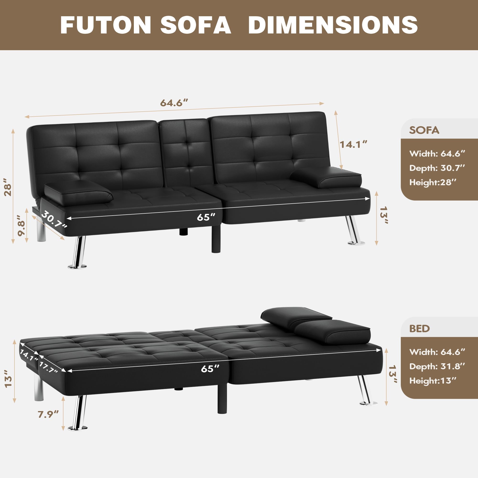 Adjustable Futon Sofa Bed with Cup Holders