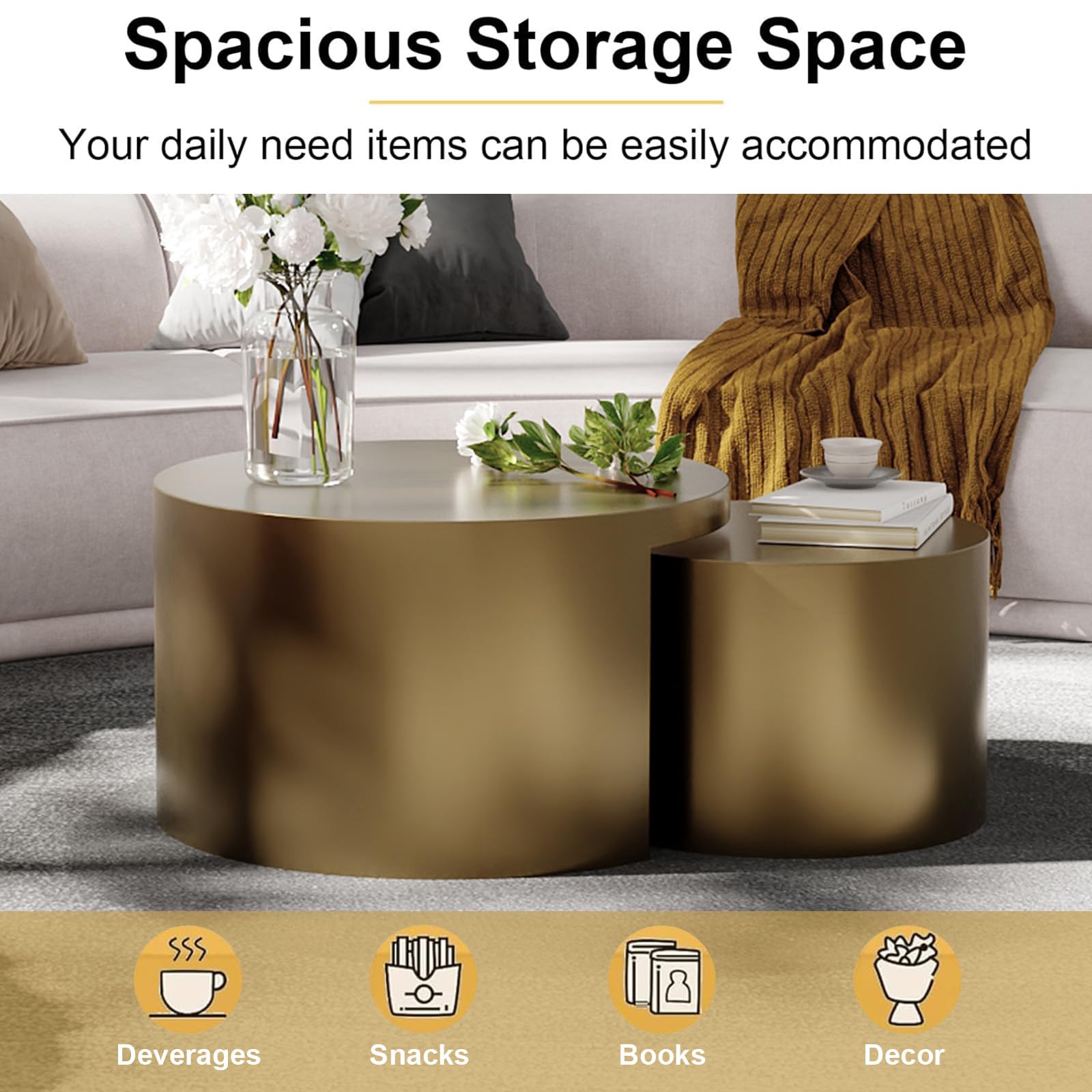 Nesting Coffee Table Set Gold Brushed Textured Brass 2-Piece