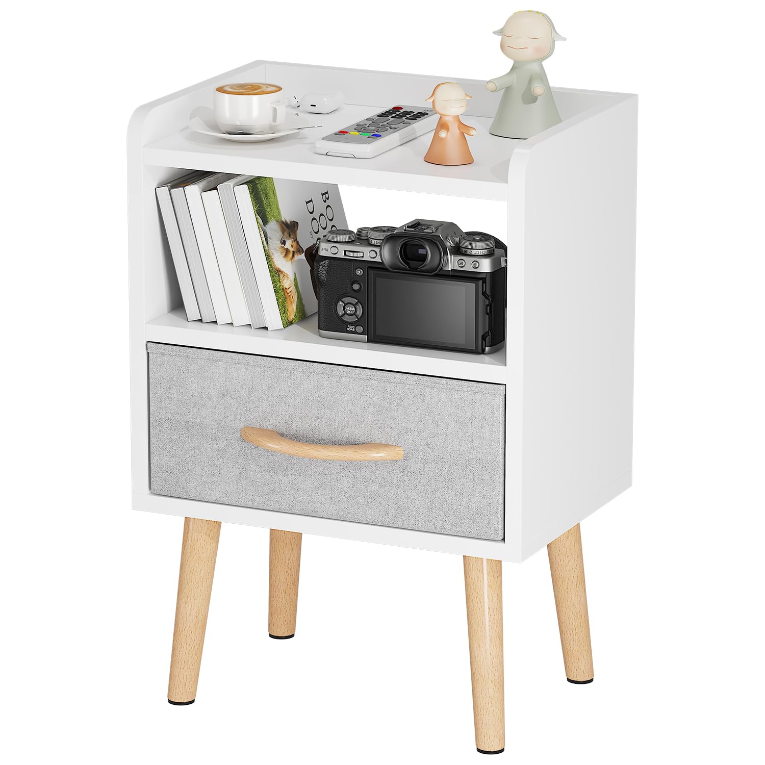 White Mid Century Modern Nightstand with Drawer