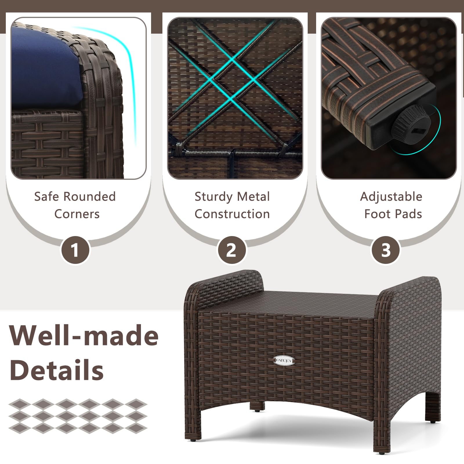 Wicker Outdoor Ottomans Set of 2 with Removable Cushions